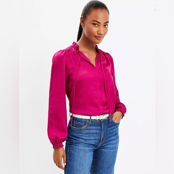 BRAND NEW WITH TAGS! LOFT Ruffle Tie Neck Mixed Media Blouse - Picture 1 of 6
